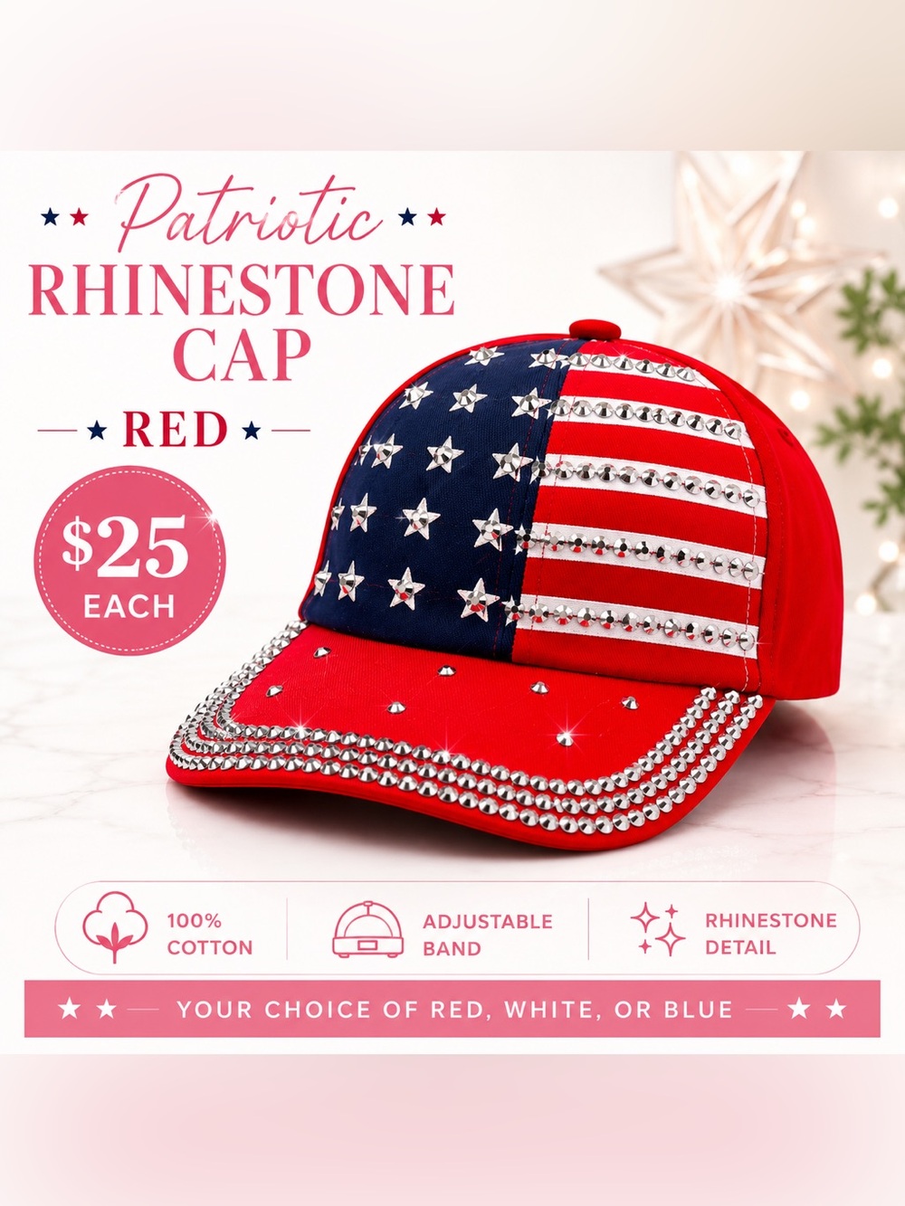 USA Rhinestone Baseball Cap 🇺🇸 Red White Blue Buyer’s Choice - Picture 2 of 4